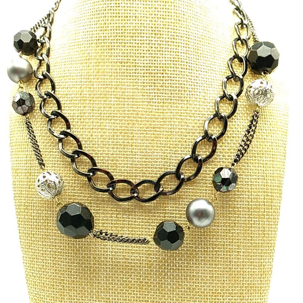 Double-Layer Black Chain Necklace with Faceted Acrylic Beads